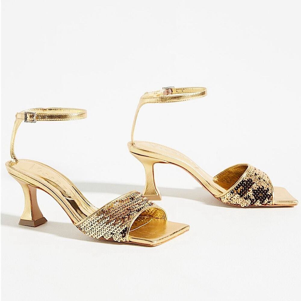 Anthropologie Gold Sequin Ankle-Strap Heeled Sandals